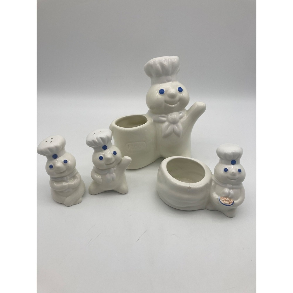 Vintage Pillsbury Doughboy Ceramic Kitchen Set Salt Pepper Sponge Utensil Holder